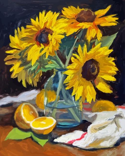 Sunflowers and lemons on table Diamond Paintings