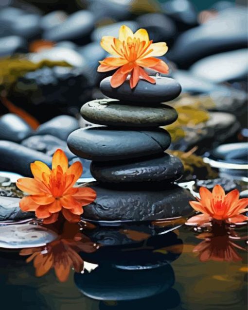 flowers and zen stones water reflection Diamond Paintings