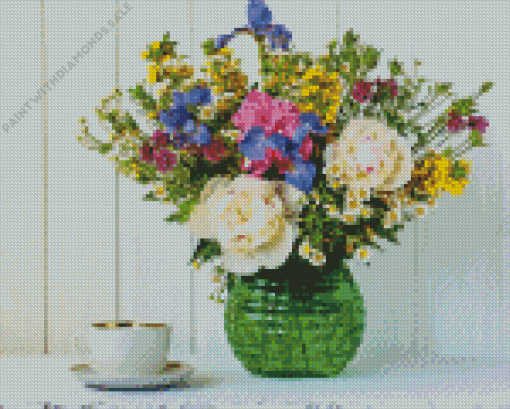 Coffee cup and flowers Diamond Paintings