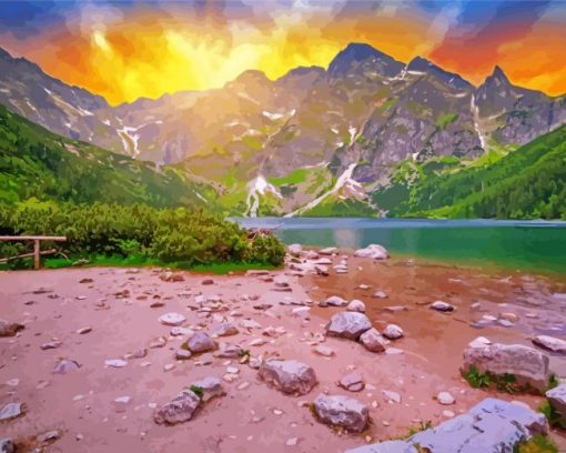 Morskie Oko Lake At Sunset Diamond Paintings