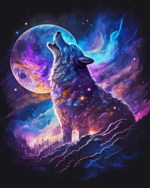 galaxy Wolf with moon Diamond Paintings