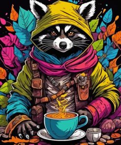 Raccoon With Coffee Diamond Painting