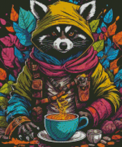 Raccoon With Coffee Diamond Painting