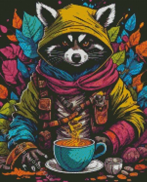 Raccoon With Coffee Diamond Painting