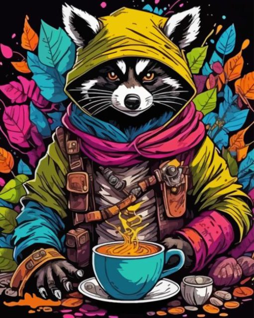 Raccoon With Coffee Diamond Painting