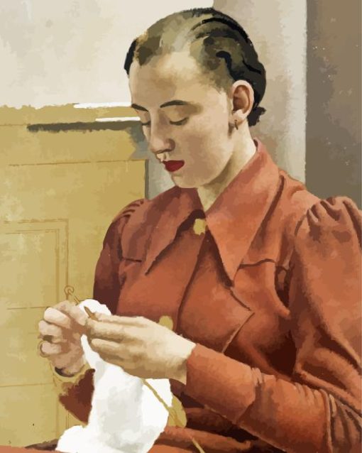 Woman In a Red Dress Knitting Diamond Painting