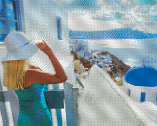 Blonde Girl In Santorini Diamond Painting