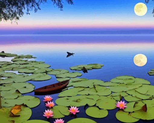 Boat And Water Lilies Diamond Painting