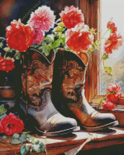 Flowers In Cowgirl Boot Diamond Painting