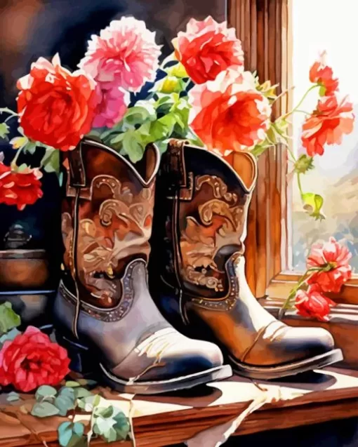 Flowers In Cowgirl Boot Diamond Painting