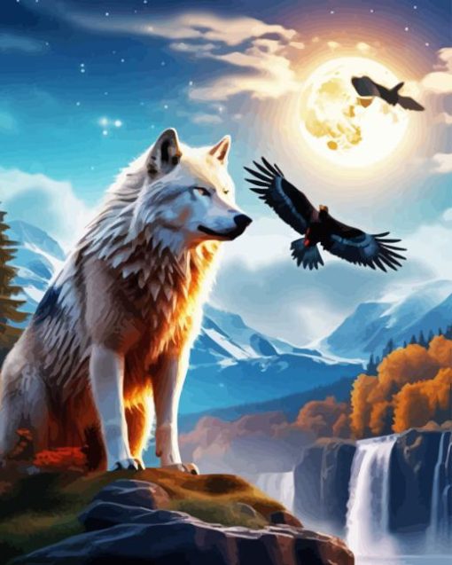 Wolf And Eagles Moonlight Diamond Painting