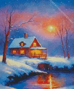 Aesthetic Farmhouse In The Snow Diamond Painting