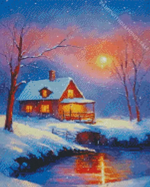 Aesthetic Farmhouse In The Snow Diamond Painting