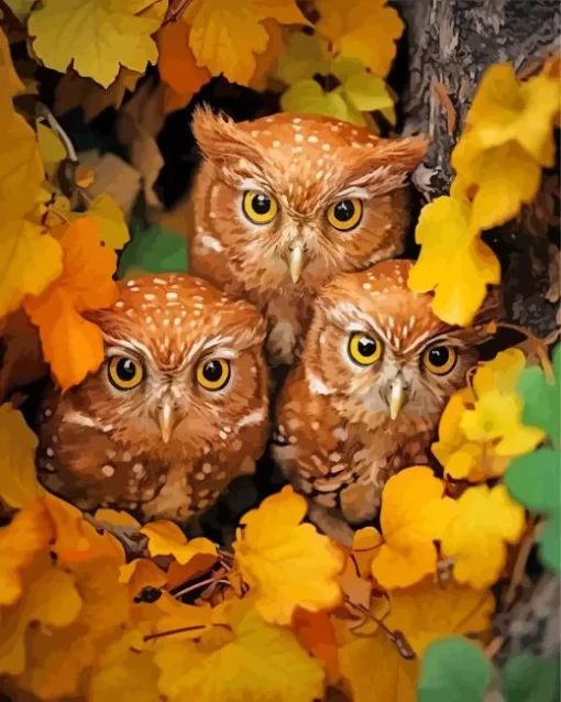 Autumn Group Of Owls Diamond Painting