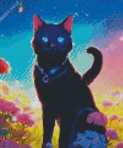 Black Cat With Blue Eyes And Flowers Diamond Painting