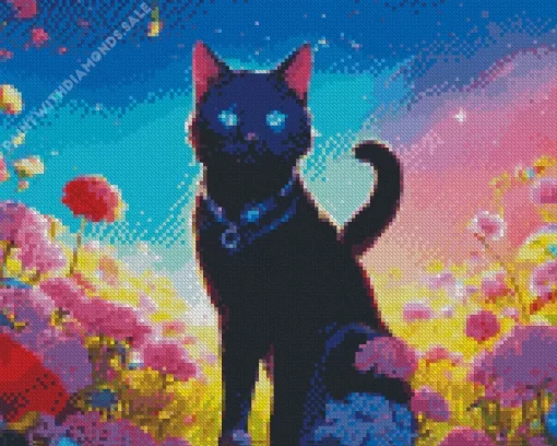 Black Cat With Blue Eyes And Flowers Diamond Painting