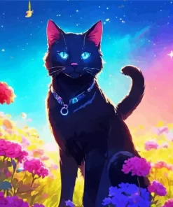 Black Cat With Blue Eyes And Flowers Diamond Painting