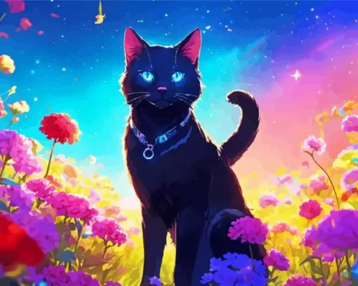 Black Cat With Blue Eyes And Flowers Diamond Painting