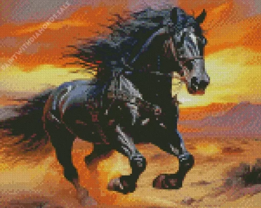 Black Western Horse Running Diamond Painting