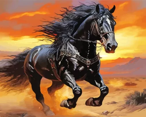 Black Western Horse Running Diamond Painting