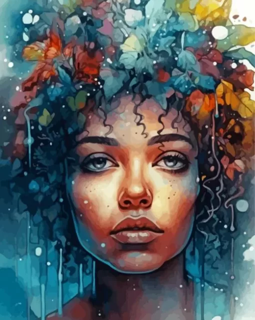 Black Woman Flowers Hair Diamond Painting