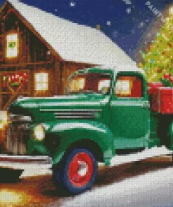 Christmas Green Farm Truck Diamond Painting