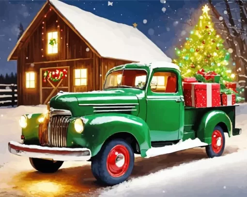 Christmas Green Farm Truck Diamond Painting