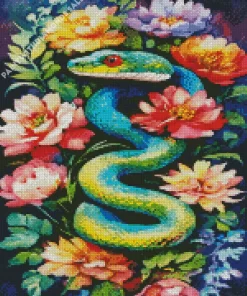 Flowers And Green Snake Diamond Painting