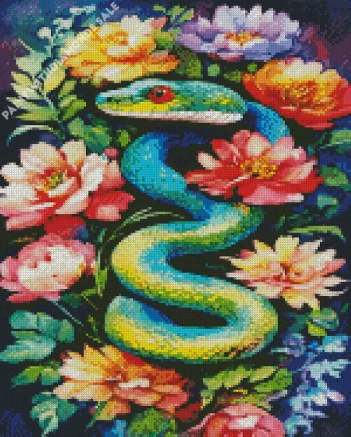 Flowers And Green Snake Diamond Painting