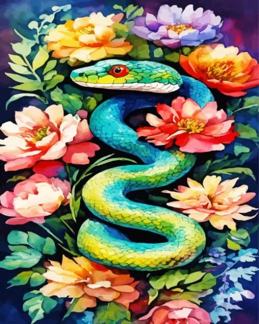 Flowers And Green Snake Diamond Painting