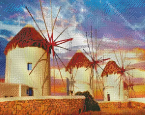 Greece Windmills Sunset Diamond Painting