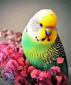 Budgie With Pink Flowers Diamond Painting