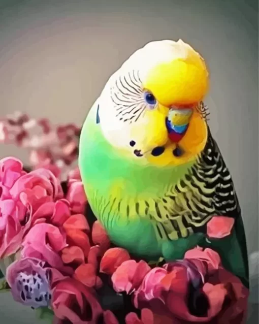 Budgie With Pink Flowers Diamond Painting