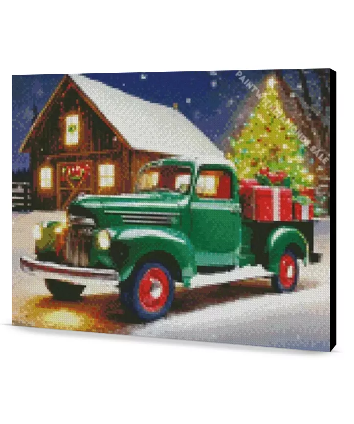 Christmas Green Farm Truck Christmas Diamond Painting