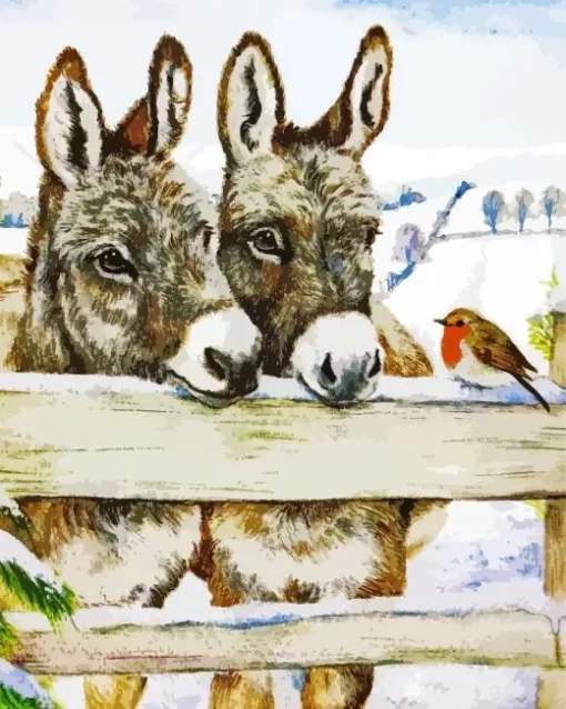 Donkeys And Robin Diamond Painting