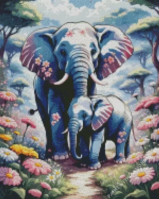 Elephants And Flowers Diamond Painting