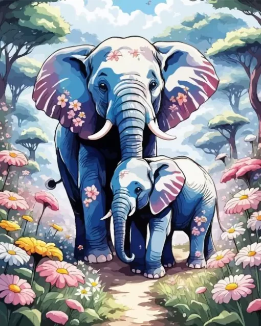 Elephants And Flowers Diamond Painting