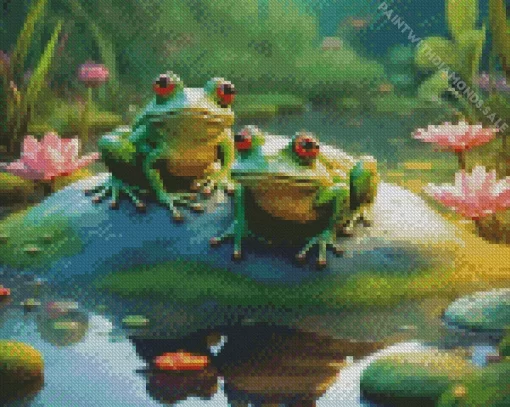 Frogs With Pink Flowers Diamond Painting