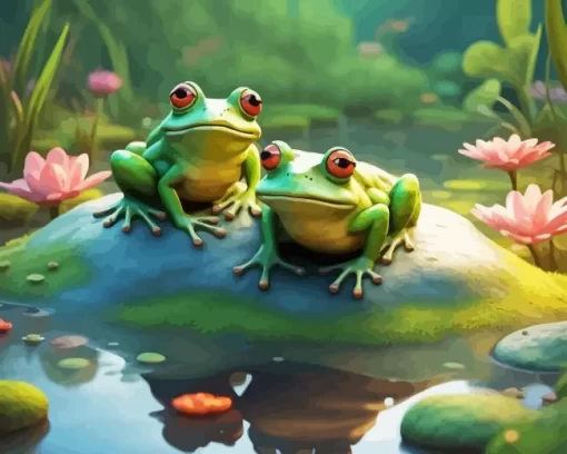 Frogs With Pink Flowers Diamond Painting