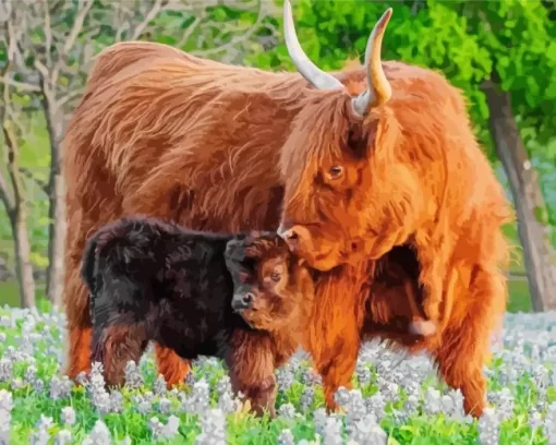 Highland Cow And Baby Diamond Painting