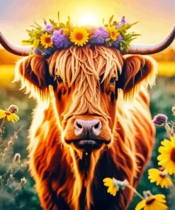 Highland Cow And Flowers Diamond Painting