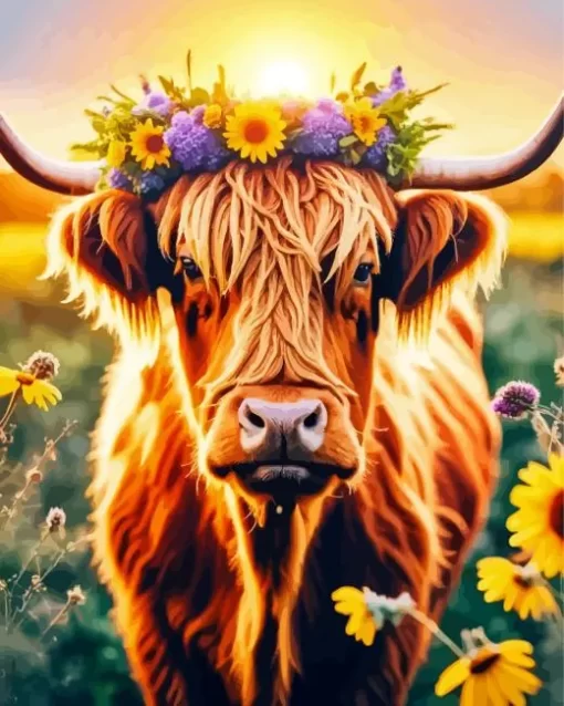 Highland Cow And Flowers Diamond Painting