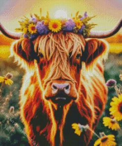 Highland Cow And Flowers Diamond Painting