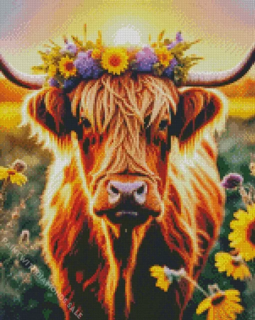 Highland Cow And Flowers Diamond Painting