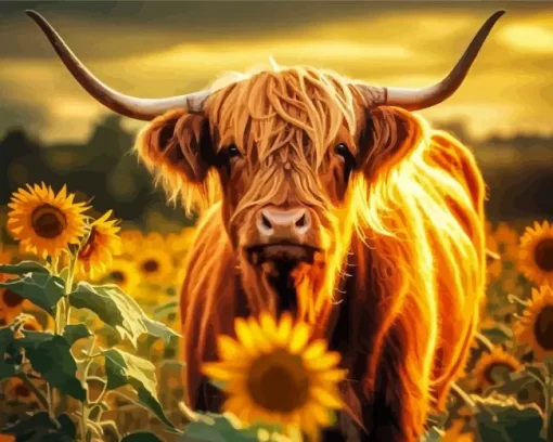 Highland Cow And Sunflowers Diamond Painting