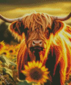 Highland Cow And Sunflowers Diamond Painting