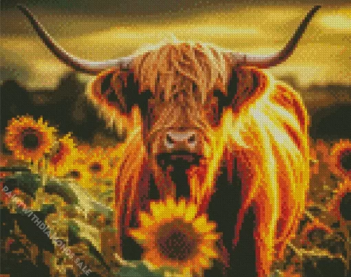 Highland Cow And Sunflowers Diamond Painting