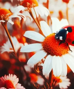 Ladybug On White Daisy Diamond Painting