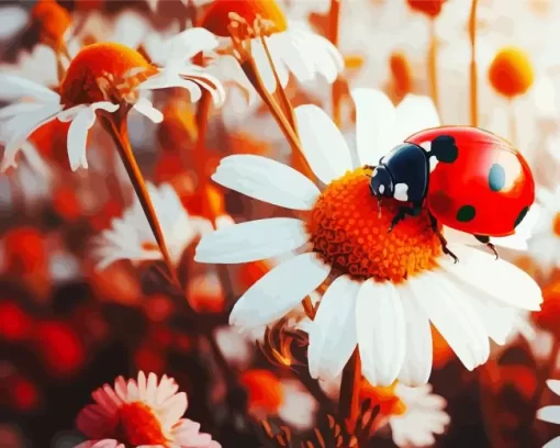 Ladybug On White Daisy Diamond Painting