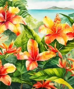 Tropical Hibiscus Flowers Art Diamond Painting